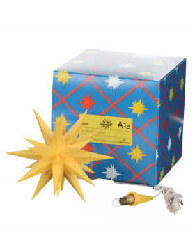 Geschenke-Set Herrnhuter Stern ® A1e, 13 cm, gelb mit Netzgerät und Tasse