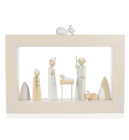 Krippe Szene Heilige Familie natur/weiß mit Rahmen LED-beleuchtet