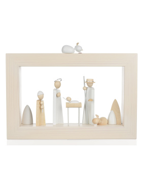 Krippe Szene Heilige Familie natur/weiß mit Rahmen LED-beleuchtet
