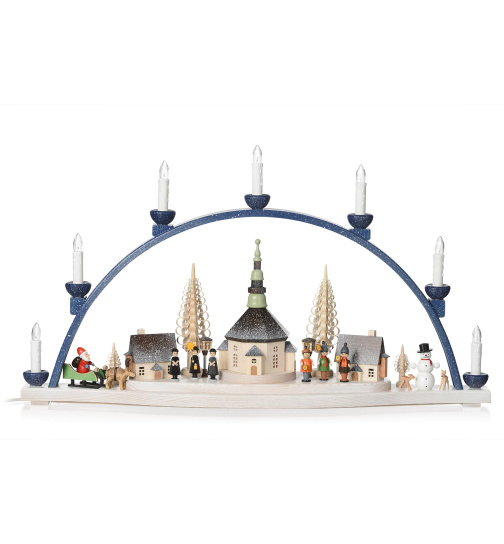 Schwibbogen Seiffener Kirche mit gedrechselten Figuren