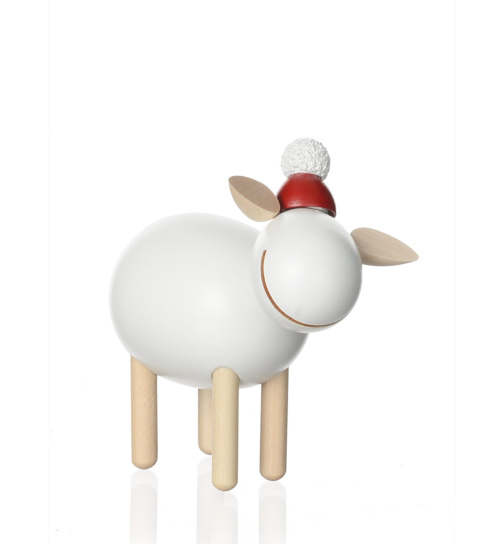 Schaf stehend, lachend weiß mit Zipfelmütze rot