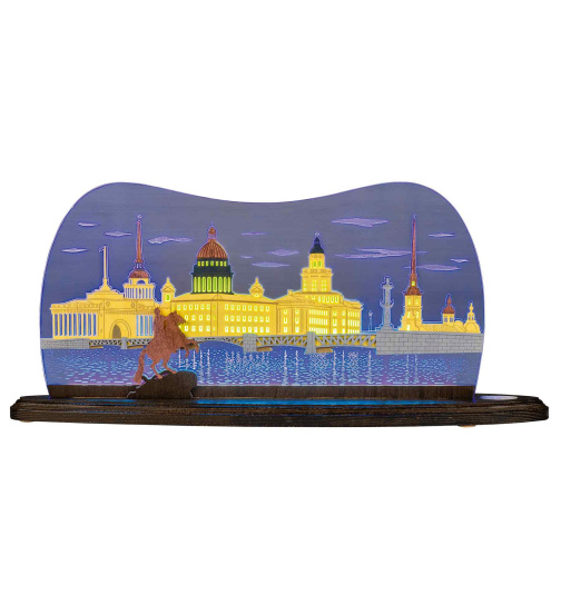LED Motivleuchte St. Petersburg Sockel braun Plexiglas blau