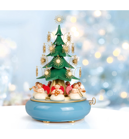 Spieldose mit unter dem Weihnachtsbaum sitzenden Engeln