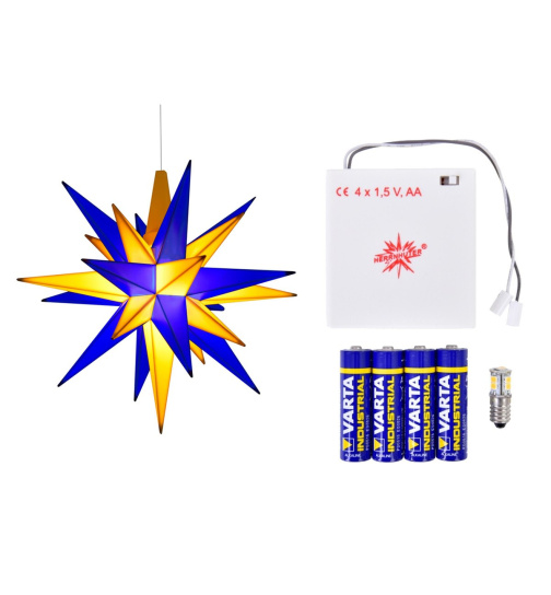 Herrnhuter Stern ® Mini a1e gelb-blau, Edition Oberlausitz mit Batteriehalter