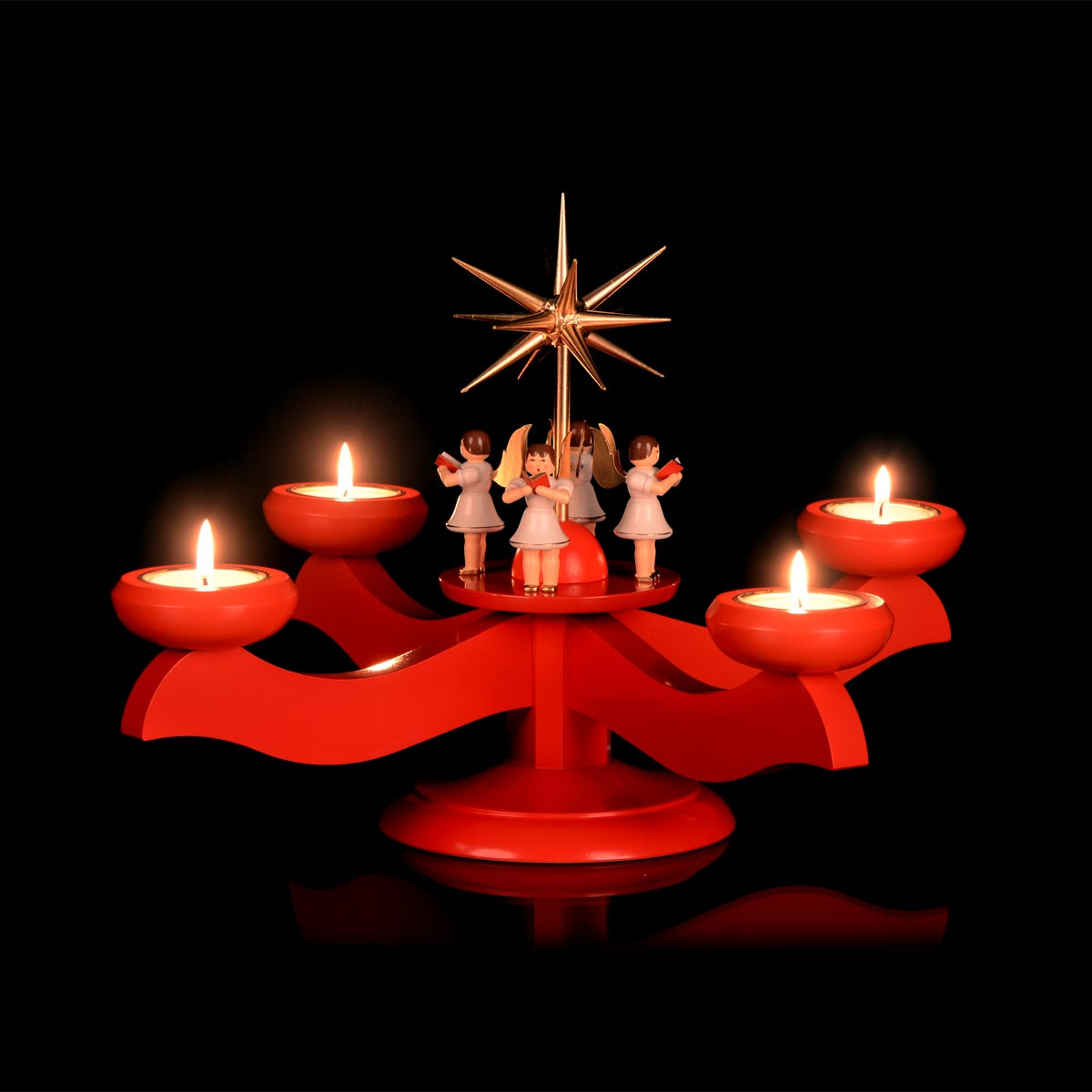 Adventsleuchter rot mit 4 stehenden Engeln | Albin Preissler Seiffen