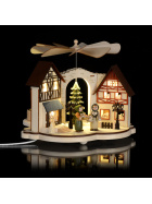 Teelichtpyramide, Fachwerkhaus, Auf dem Markt mit zwei Figuren und LED Beleuchtung